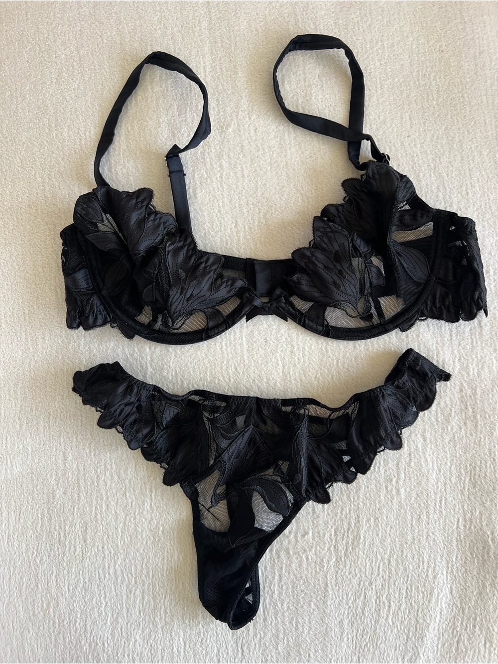 Fleur du Mal Lingerie Set Black Satin Luxe Balconette Bra and Luxe Thong